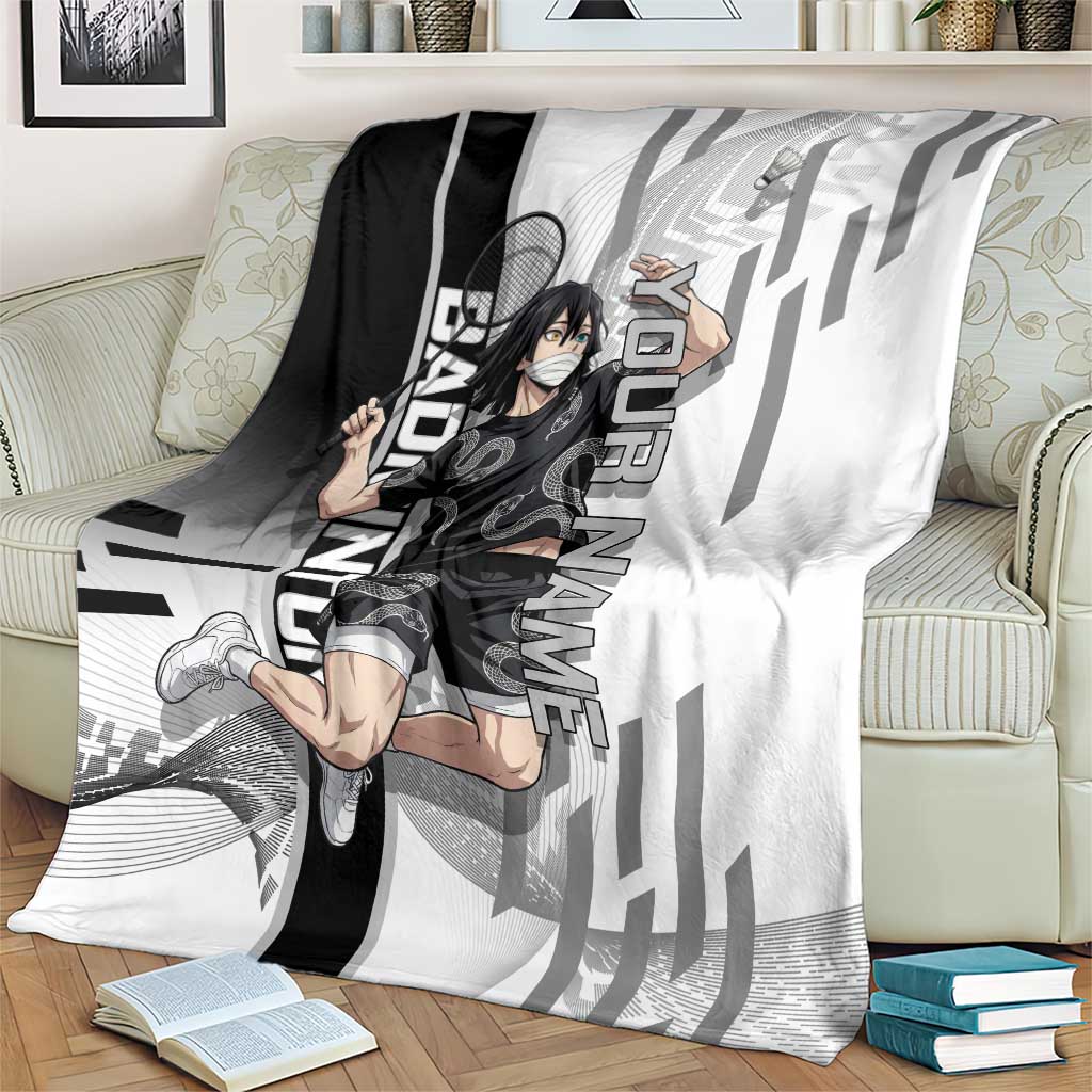 Personalized Obanai Iguro Demon Slayer Badminton Blanket with Racket Action Pose and Black White Graphic Design - The Mazicc