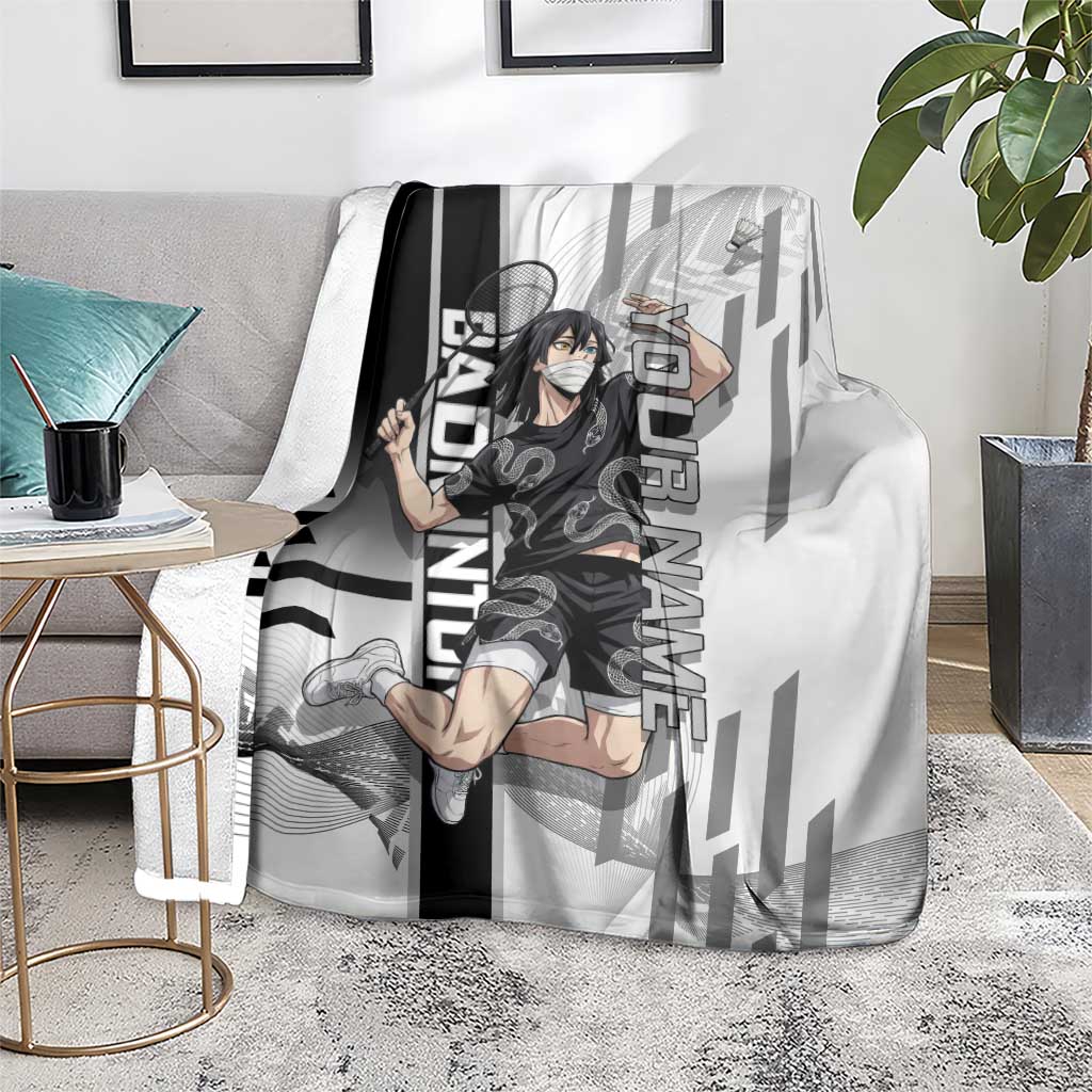 Personalized Obanai Iguro Demon Slayer Badminton Blanket with Racket Action Pose and Black White Graphic Design - The Mazicc