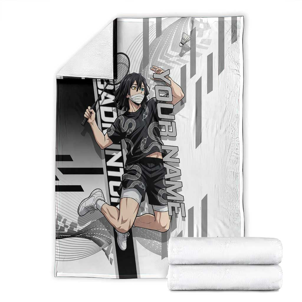 Personalized Obanai Iguro Demon Slayer Badminton Blanket with Racket Action Pose and Black White Graphic Design - The Mazicc
