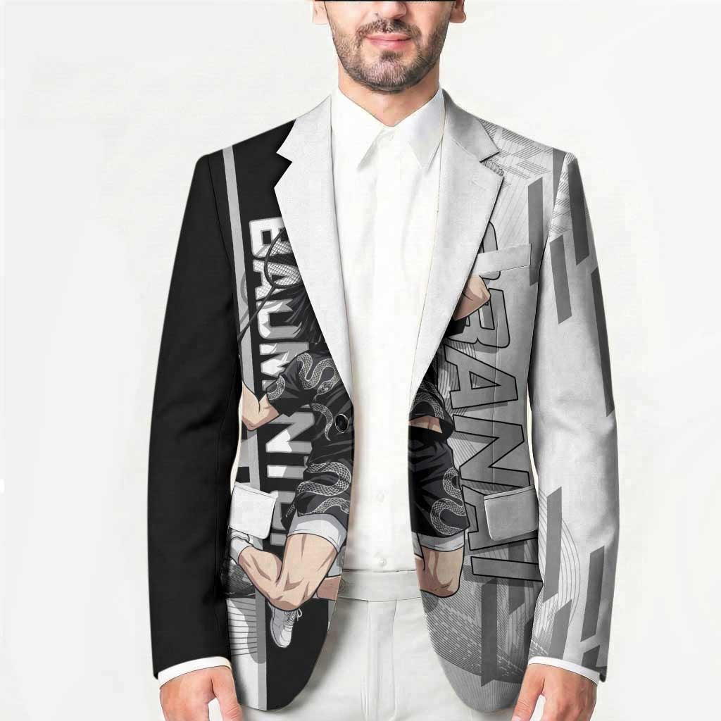Personalized Obanai Iguro Demon Slayer Badminton Blazer with Racket Action Pose and Black White Graphic Design - The Mazicc