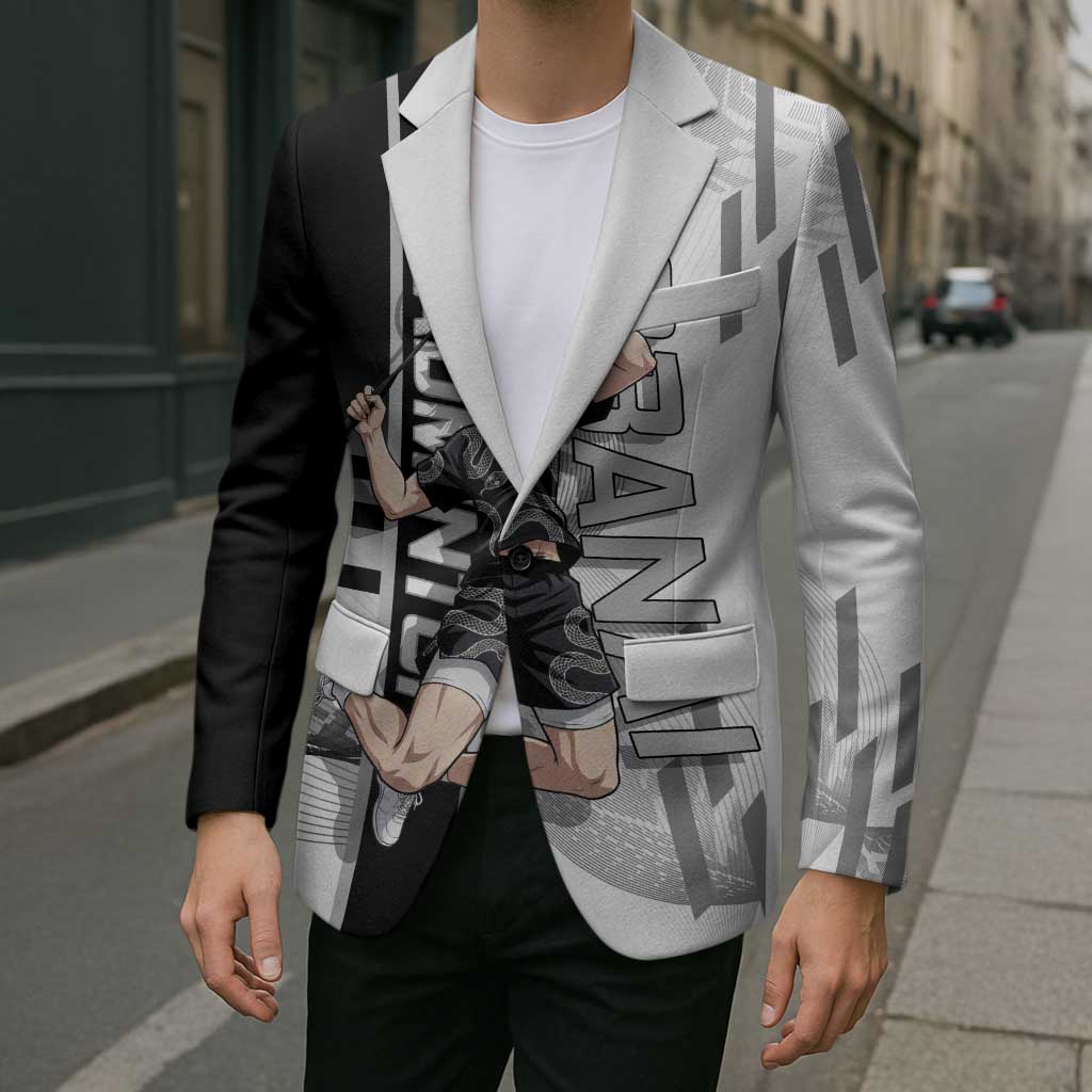 Personalized Obanai Iguro Demon Slayer Badminton Blazer with Racket Action Pose and Black White Graphic Design - The Mazicc