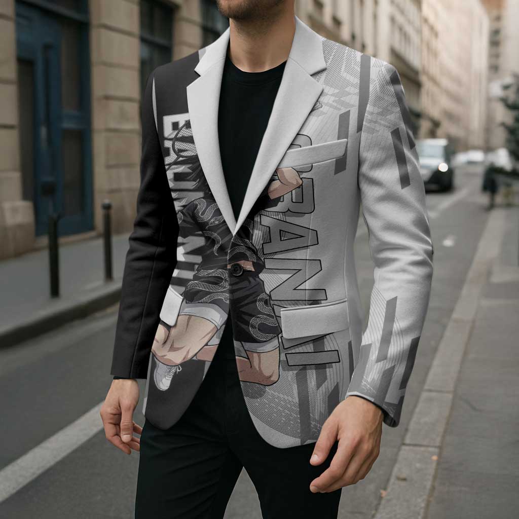 Personalized Obanai Iguro Demon Slayer Badminton Blazer with Racket Action Pose and Black White Graphic Design - The Mazicc