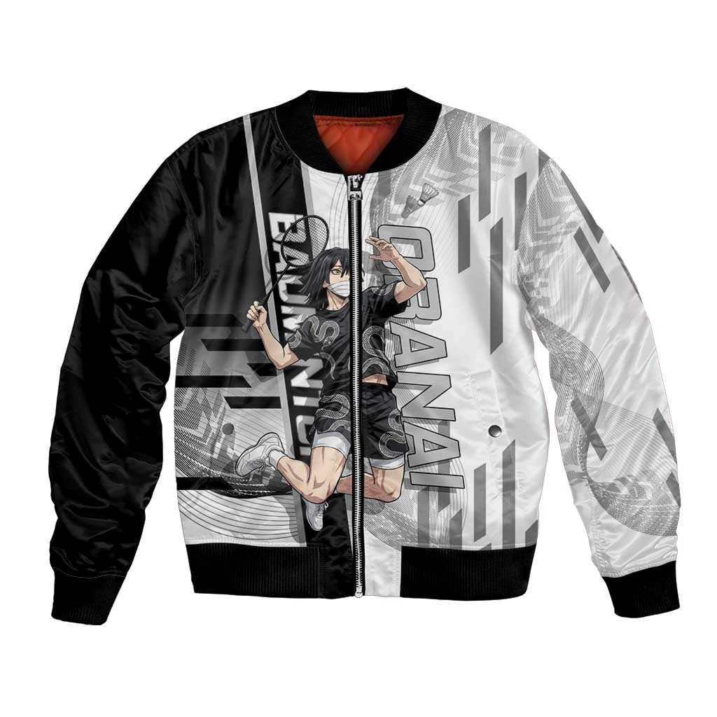 Personalized Obanai Iguro Demon Slayer Badminton Bomber Jacket with Racket Action Pose and Black White Graphic Design - The Mazicc