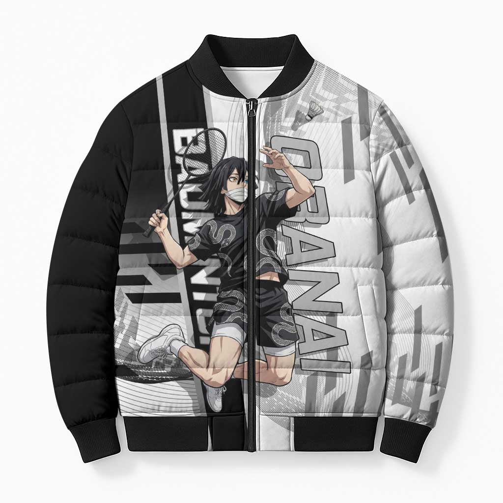 Personalized Obanai Iguro Demon Slayer Badminton Bomber Puffer Jacket with Racket Action Pose and Black White Graphic Design - The Mazicc