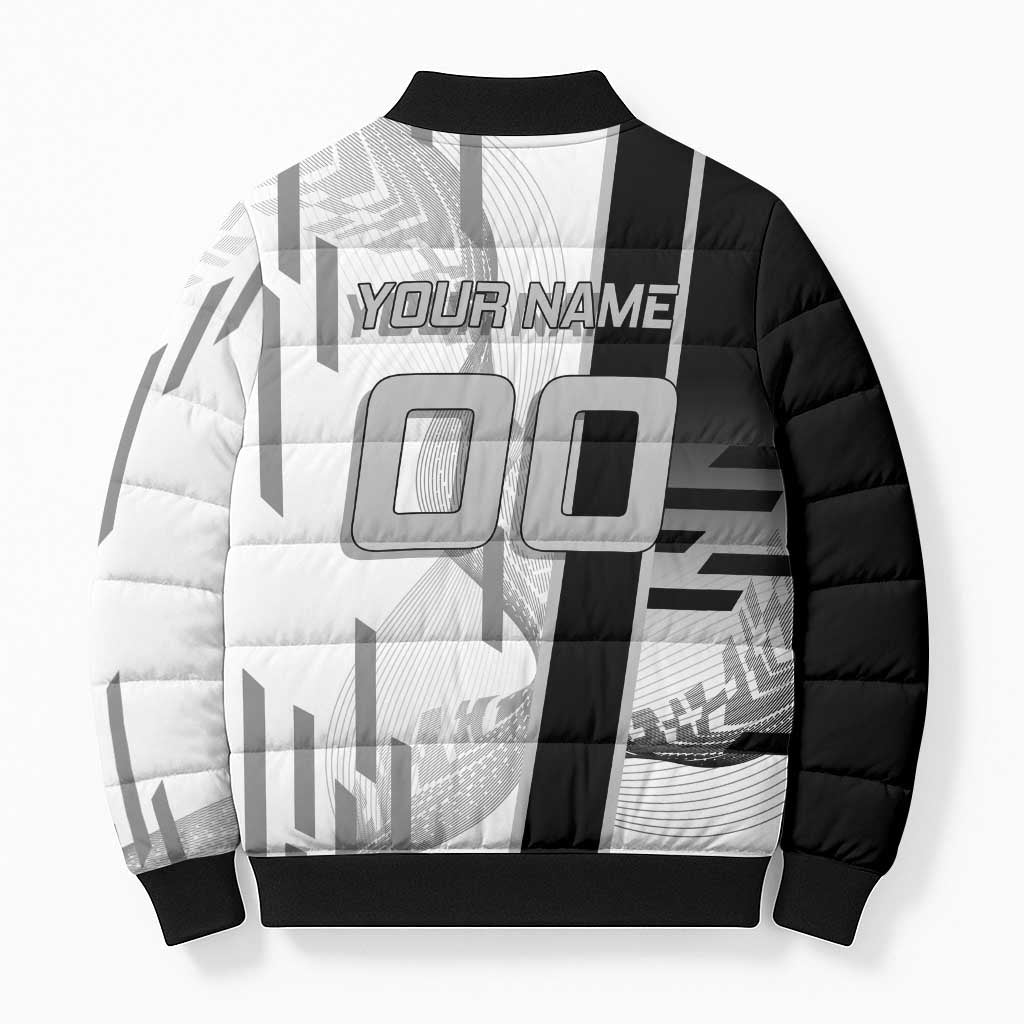 Personalized Obanai Iguro Demon Slayer Badminton Bomber Puffer Jacket with Racket Action Pose and Black White Graphic Design - The Mazicc