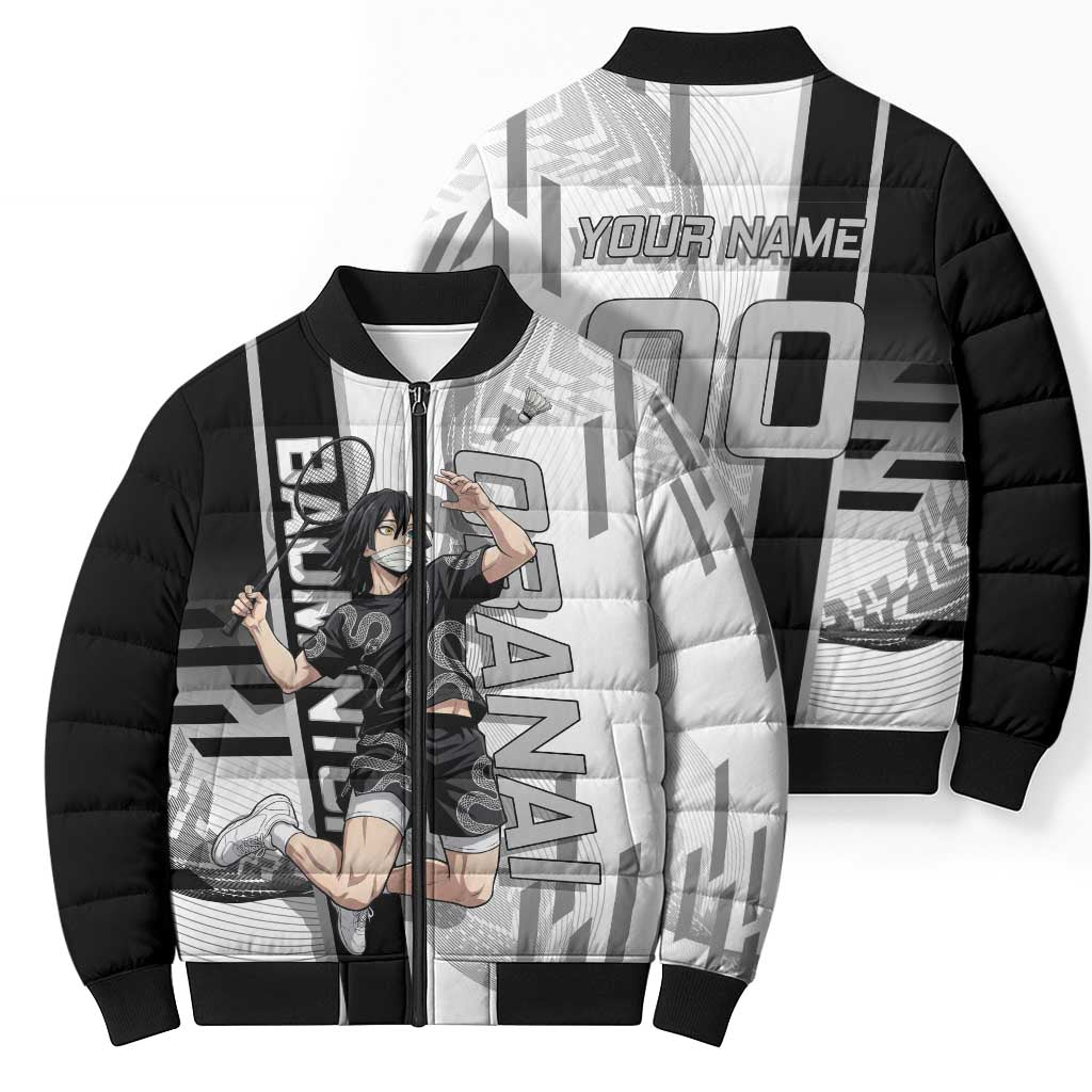 Personalized Obanai Iguro Demon Slayer Badminton Bomber Puffer Jacket with Racket Action Pose and Black White Graphic Design - The Mazicc