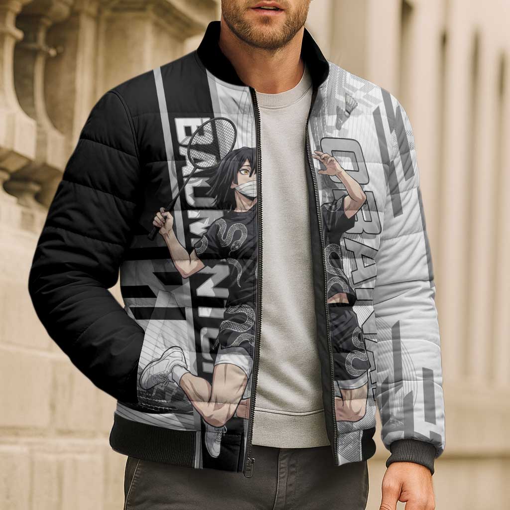 Personalized Obanai Iguro Demon Slayer Badminton Bomber Puffer Jacket with Racket Action Pose and Black White Graphic Design - The Mazicc