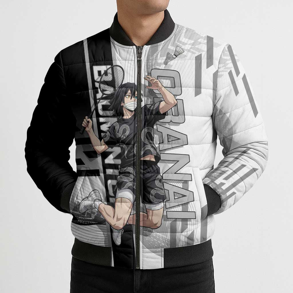 Personalized Obanai Iguro Demon Slayer Badminton Bomber Puffer Jacket with Racket Action Pose and Black White Graphic Design - The Mazicc