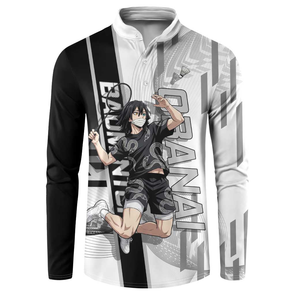 Personalized Obanai Iguro Demon Slayer Badminton Button Sweatshirt with Racket Action Pose and Black White Graphic Design - The Mazicc