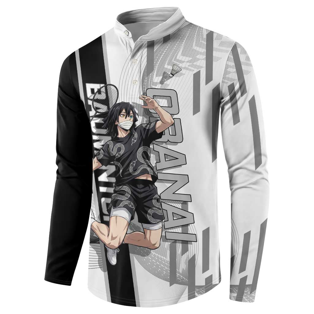 Personalized Obanai Iguro Demon Slayer Badminton Button Sweatshirt with Racket Action Pose and Black White Graphic Design - The Mazicc