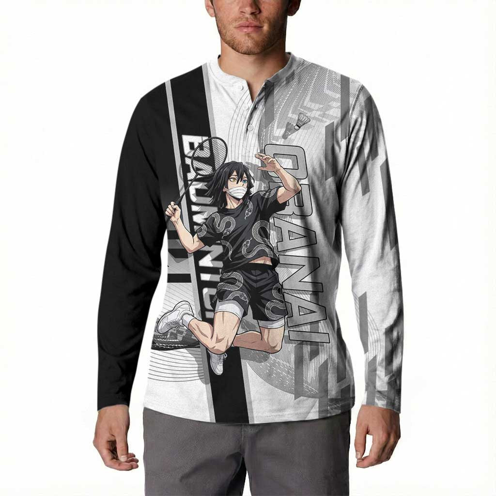 Personalized Obanai Iguro Demon Slayer Badminton Button Sweatshirt with Racket Action Pose and Black White Graphic Design - The Mazicc