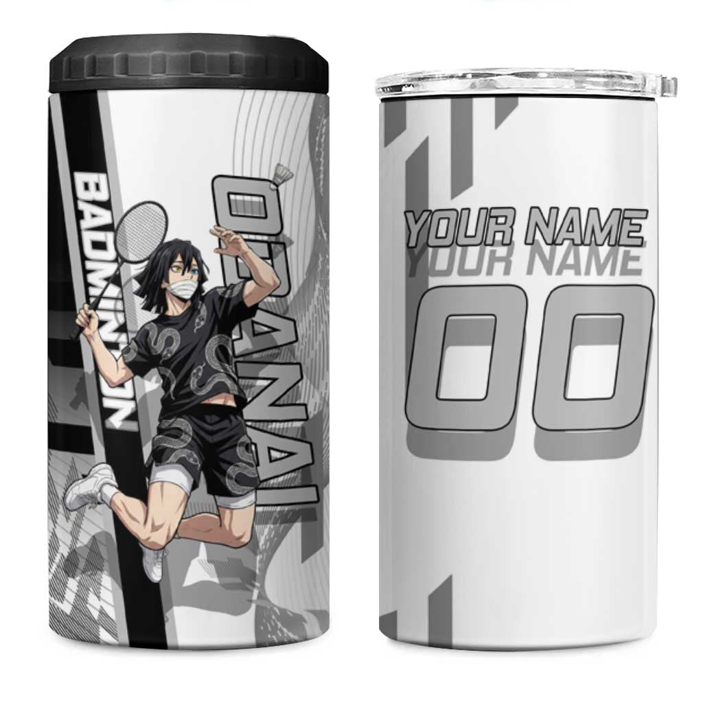 Personalized Obanai Iguro Demon Slayer Badminton 4 in 1 Can Cooler Tumbler with Racket Action Pose and Black White Graphic Design - The Mazicc