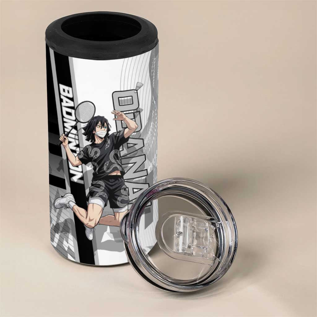 Personalized Obanai Iguro Demon Slayer Badminton 4 in 1 Can Cooler Tumbler with Racket Action Pose and Black White Graphic Design - The Mazicc