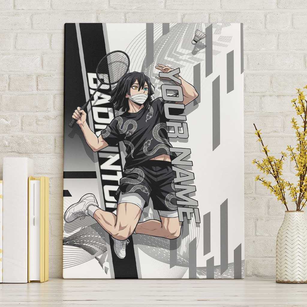 Personalized Obanai Iguro Demon Slayer Badminton Canvas Wall Art with Racket Action Pose and Black White Graphic Design - The Mazicc
