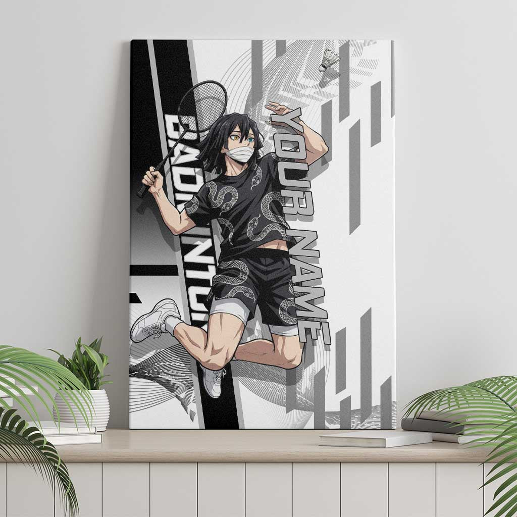 Personalized Obanai Iguro Demon Slayer Badminton Canvas Wall Art with Racket Action Pose and Black White Graphic Design - The Mazicc