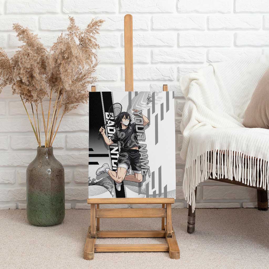 Personalized Obanai Iguro Demon Slayer Badminton Canvas Wall Art with Racket Action Pose and Black White Graphic Design - The Mazicc