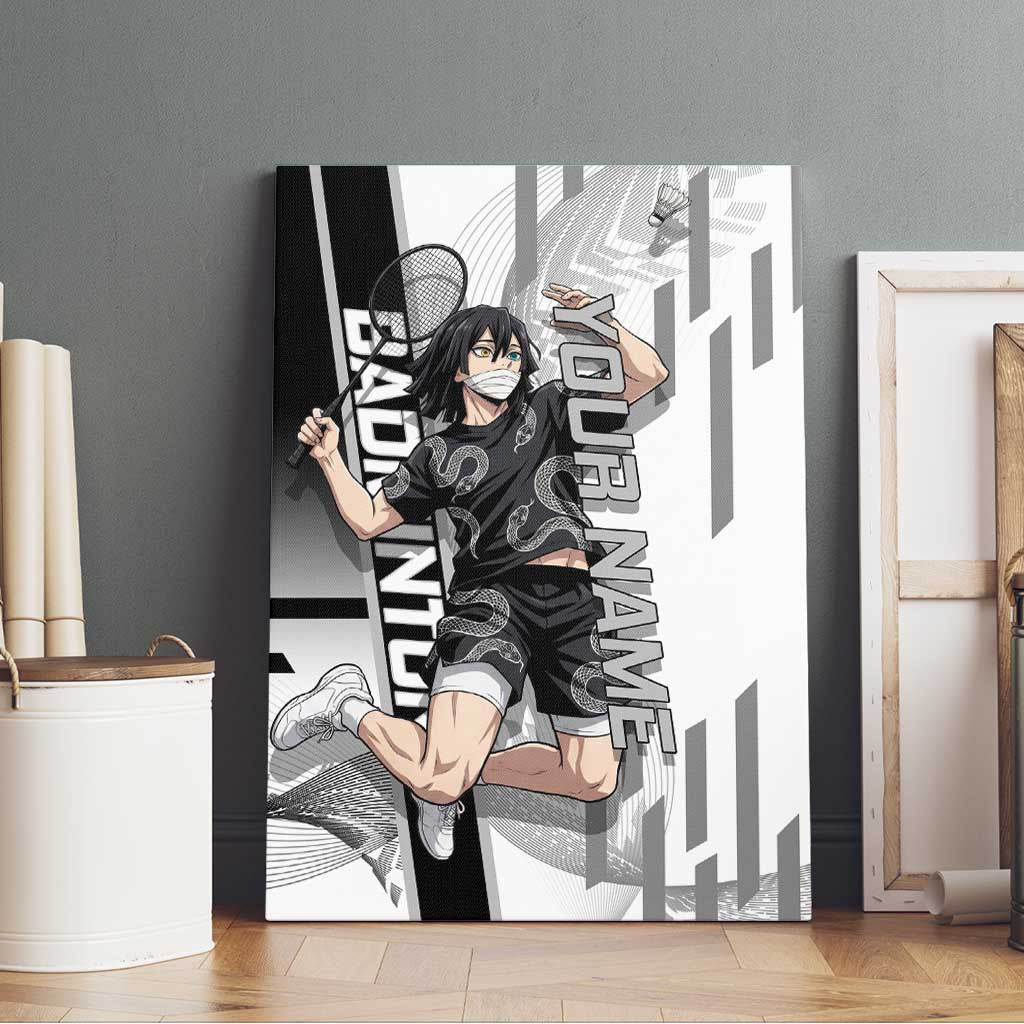 Personalized Obanai Iguro Demon Slayer Badminton Canvas Wall Art with Racket Action Pose and Black White Graphic Design - The Mazicc