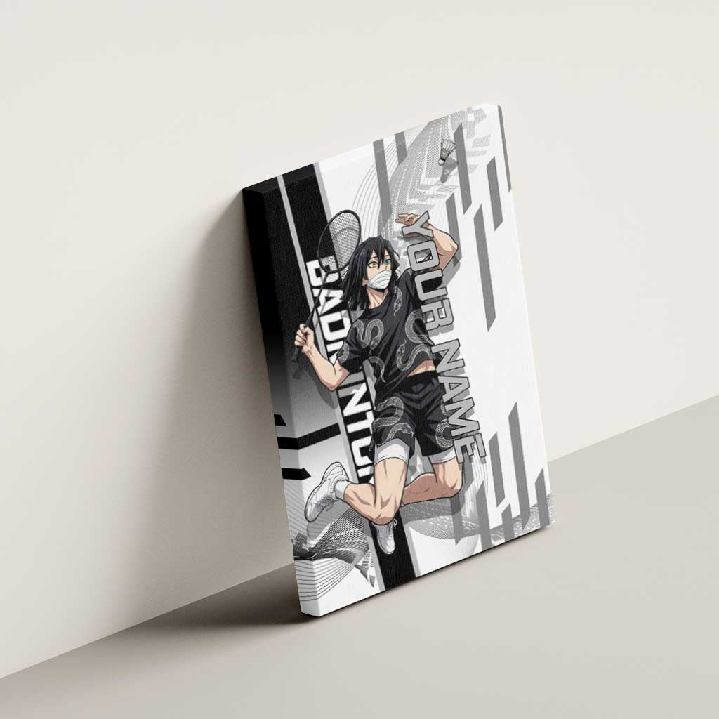 Personalized Obanai Iguro Demon Slayer Badminton Canvas Wall Art with Racket Action Pose and Black White Graphic Design - The Mazicc