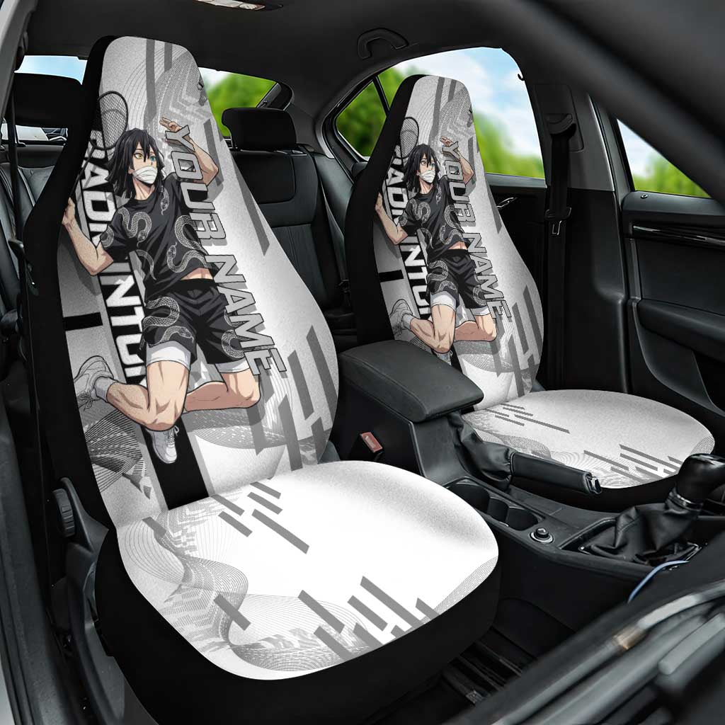 Personalized Obanai Iguro Demon Slayer Badminton Car Seat Cover with Racket Action Pose and Black White Graphic Design - The Mazicc