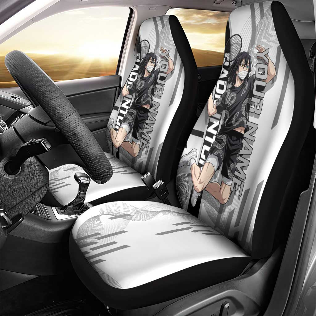 Personalized Obanai Iguro Demon Slayer Badminton Car Seat Cover with Racket Action Pose and Black White Graphic Design - The Mazicc