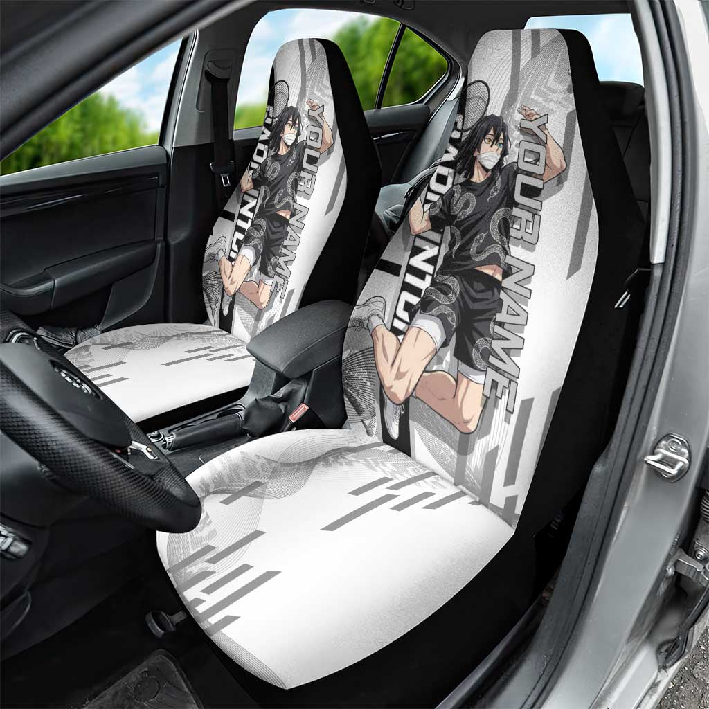 Personalized Obanai Iguro Demon Slayer Badminton Car Seat Cover with Racket Action Pose and Black White Graphic Design - The Mazicc