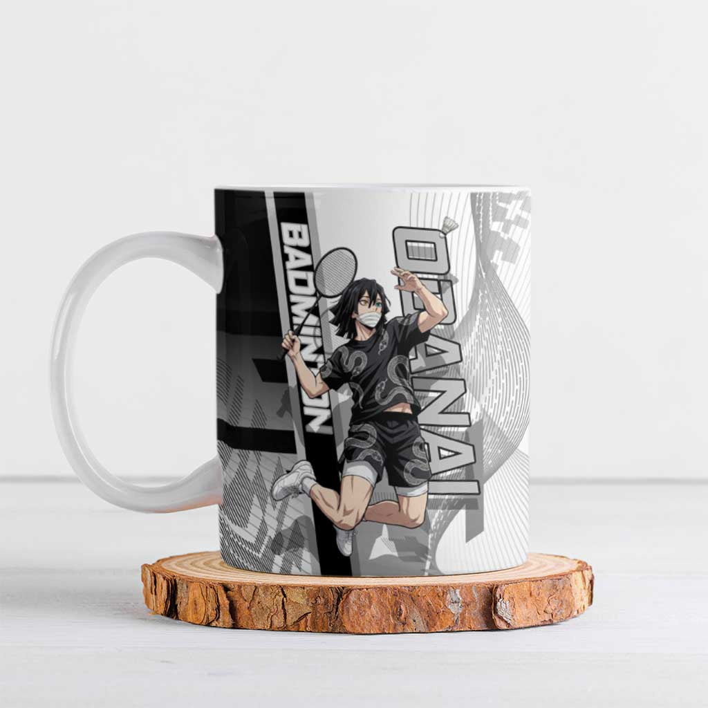 Personalized Obanai Iguro Demon Slayer Badminton Ceramic Mug with Racket Action Pose and Black White Graphic Design - The Mazicc