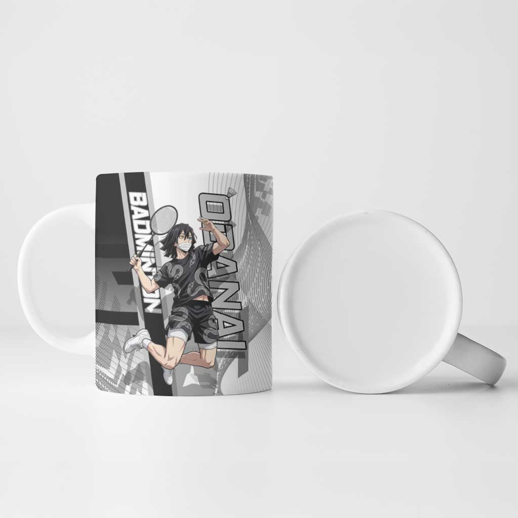 Personalized Obanai Iguro Demon Slayer Badminton Ceramic Mug with Racket Action Pose and Black White Graphic Design - The Mazicc