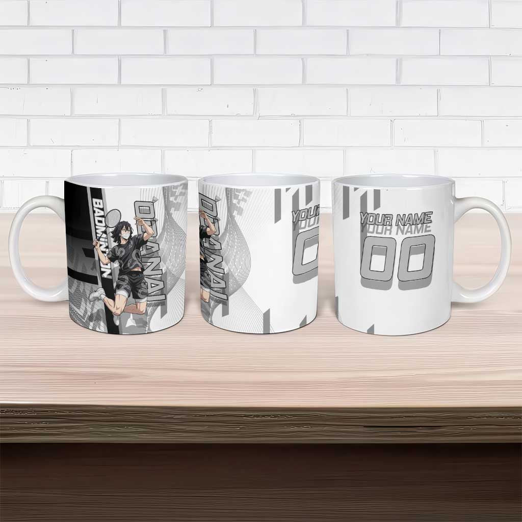 Personalized Obanai Iguro Demon Slayer Badminton Ceramic Mug with Racket Action Pose and Black White Graphic Design - The Mazicc