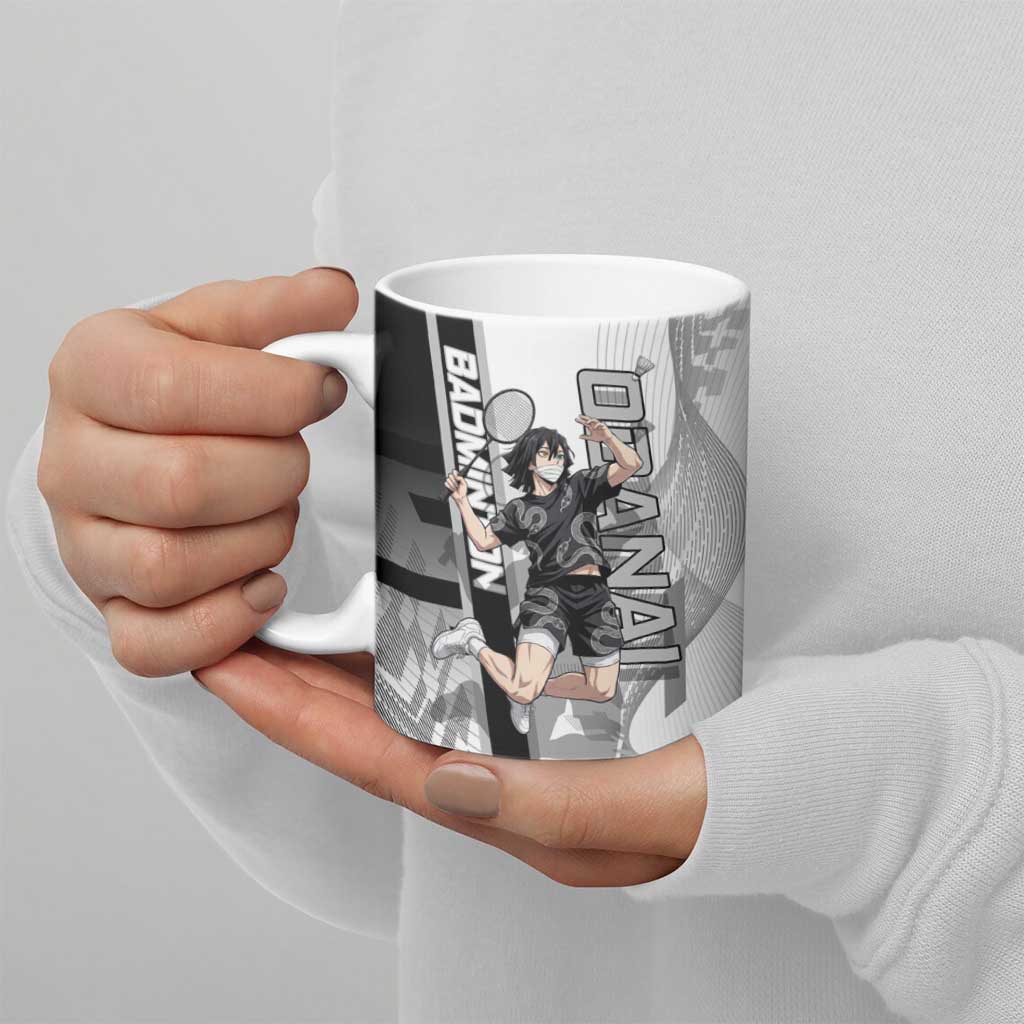 Personalized Obanai Iguro Demon Slayer Badminton Ceramic Mug with Racket Action Pose and Black White Graphic Design - The Mazicc