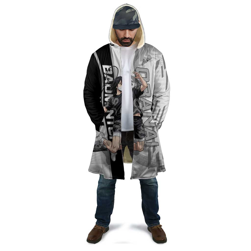Personalized Obanai Iguro Demon Slayer Badminton Cloak with Racket Action Pose and Black White Graphic Design - The Mazicc
