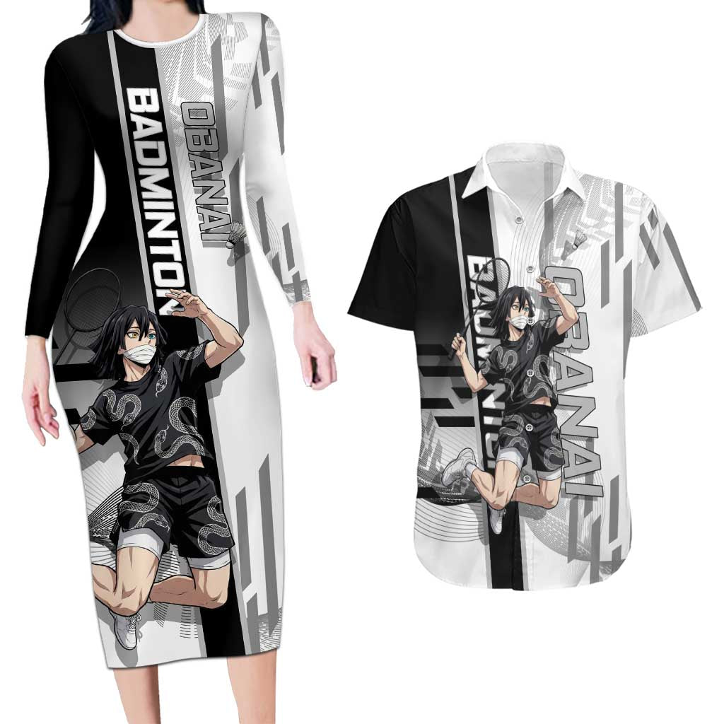 Personalized Obanai Iguro Demon Slayer Badminton Couples Matching Long Sleeve Bodycon Dress and Hawaiian Shirt with Racket Action Pose and Black White Graphic Design - The Mazicc