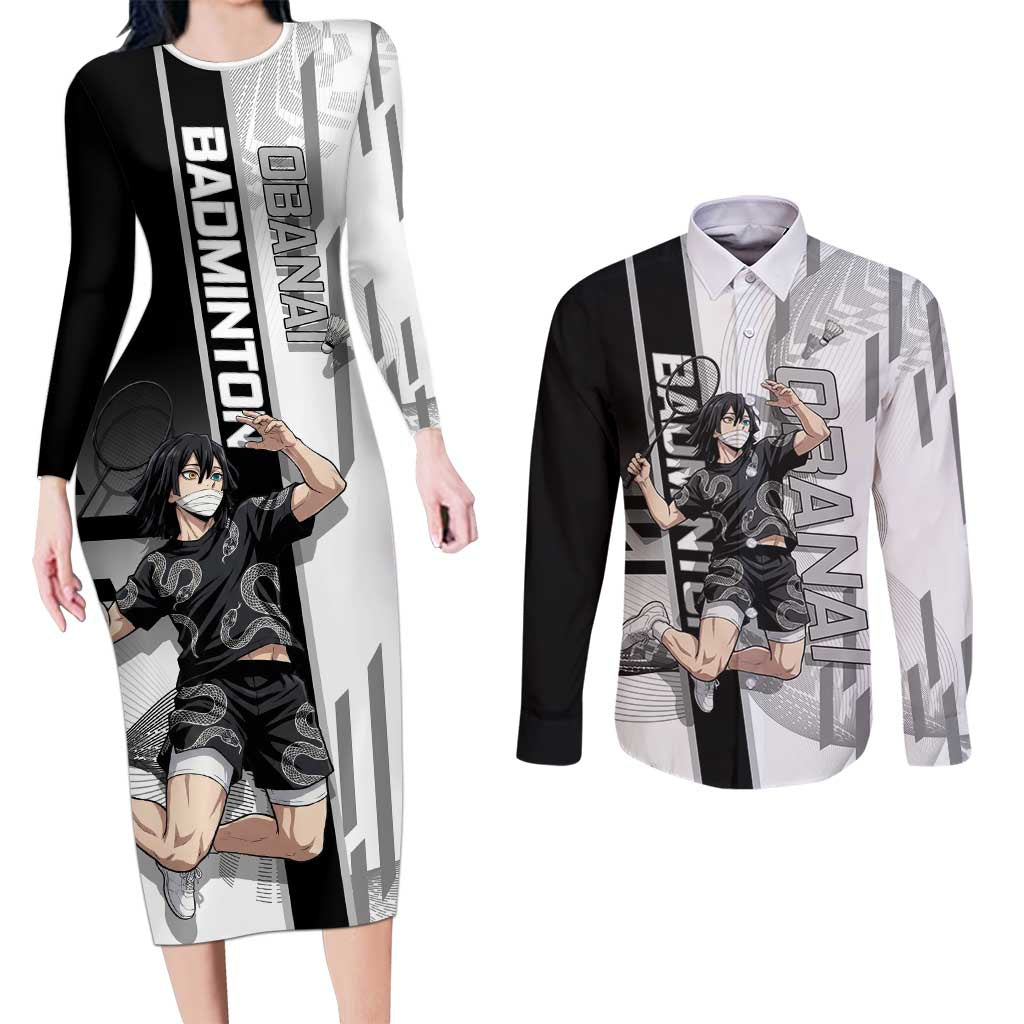 Personalized Obanai Iguro Demon Slayer Badminton Couples Matching Long Sleeve Bodycon Dress and Long Sleeve Button Shirt with Racket Action Pose and Black White Graphic Design - The Mazicc