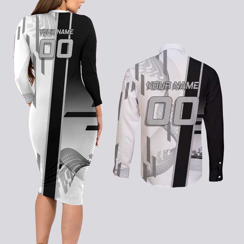 Personalized Obanai Iguro Demon Slayer Badminton Couples Matching Long Sleeve Bodycon Dress and Long Sleeve Button Shirt with Racket Action Pose and Black White Graphic Design - The Mazicc