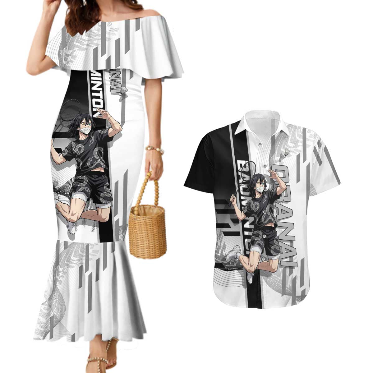 Personalized Obanai Iguro Demon Slayer Badminton Couples Matching Mermaid Dress and Hawaiian Shirt with Racket Action Pose and Black White Graphic Design - The Mazicc
