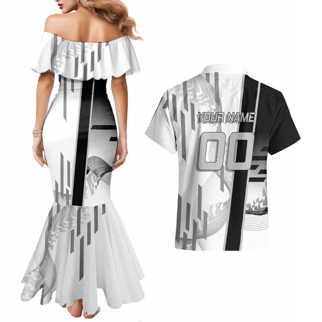 Personalized Obanai Iguro Demon Slayer Badminton Couples Matching Mermaid Dress and Hawaiian Shirt with Racket Action Pose and Black White Graphic Design - The Mazicc