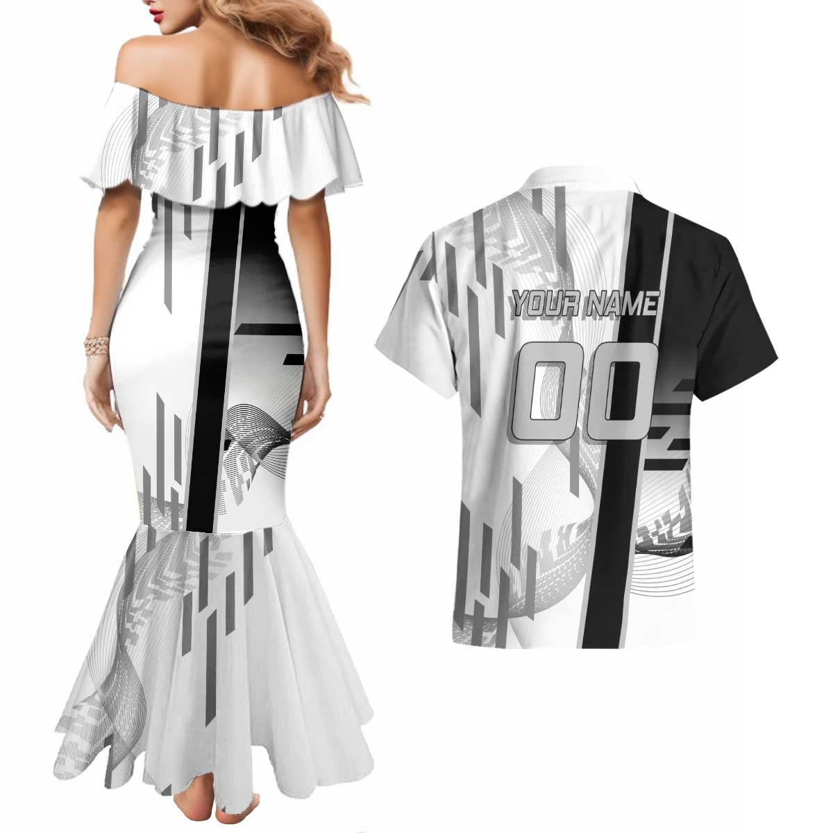 Personalized Obanai Iguro Demon Slayer Badminton Couples Matching Mermaid Dress and Hawaiian Shirt with Racket Action Pose and Black White Graphic Design - The Mazicc