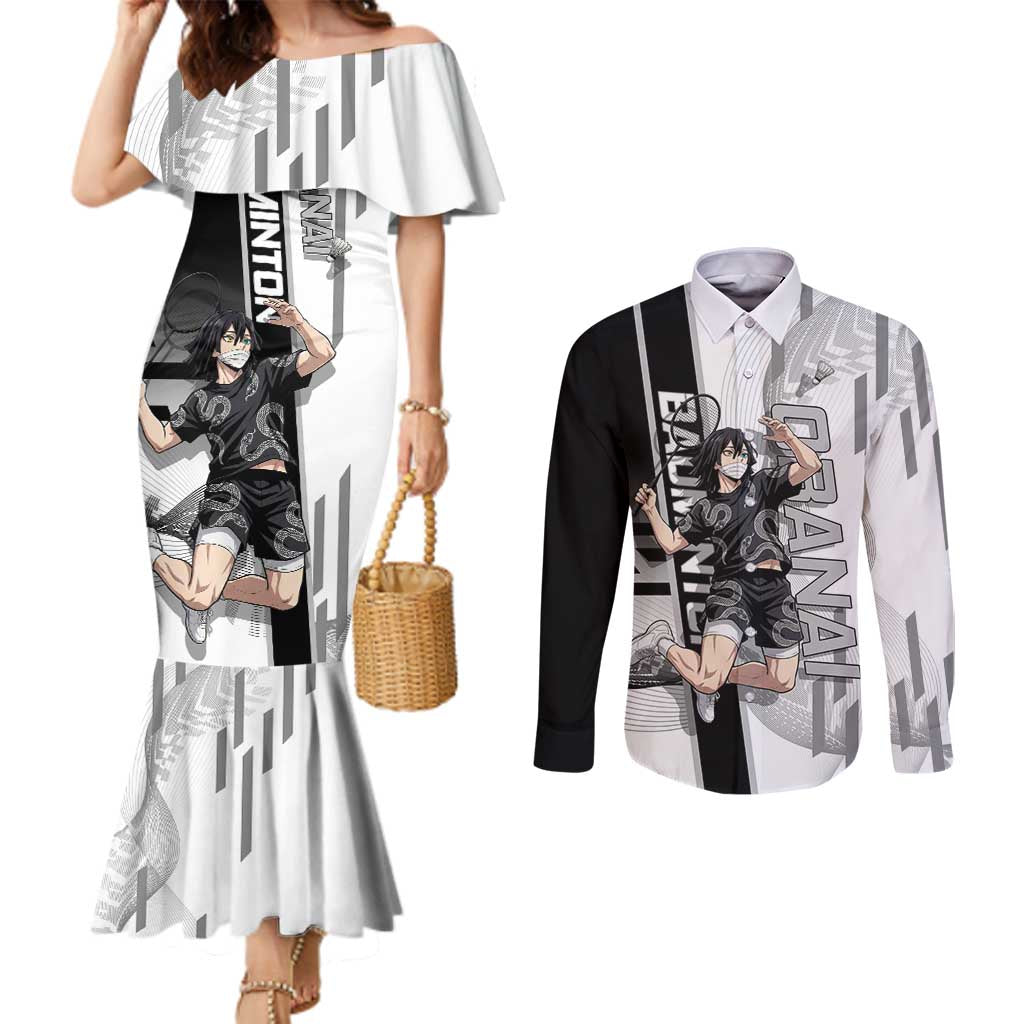 Personalized Obanai Iguro Demon Slayer Badminton Couples Matching Mermaid Dress and Long Sleeve Button Shirt with Racket Action Pose and Black White Graphic Design - The Mazicc