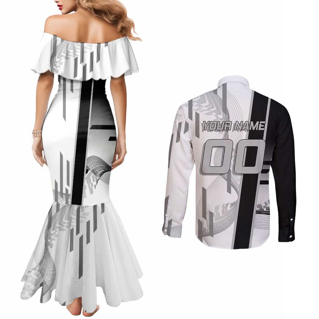 Personalized Obanai Iguro Demon Slayer Badminton Couples Matching Mermaid Dress and Long Sleeve Button Shirt with Racket Action Pose and Black White Graphic Design - The Mazicc