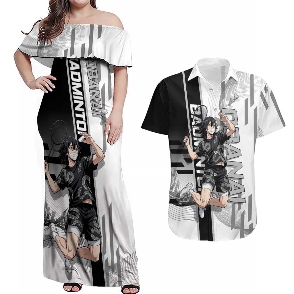 Personalized Obanai Iguro Demon Slayer Badminton Couples Matching Off Shoulder Maxi Dress and Hawaiian Shirt with Racket Action Pose and Black White Graphic Design - The Mazicc
