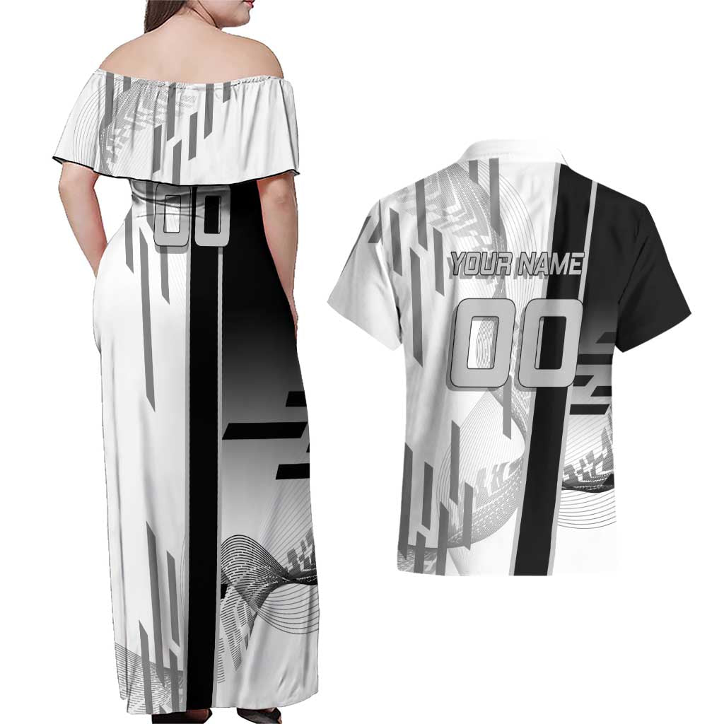 Personalized Obanai Iguro Demon Slayer Badminton Couples Matching Off Shoulder Maxi Dress and Hawaiian Shirt with Racket Action Pose and Black White Graphic Design - The Mazicc