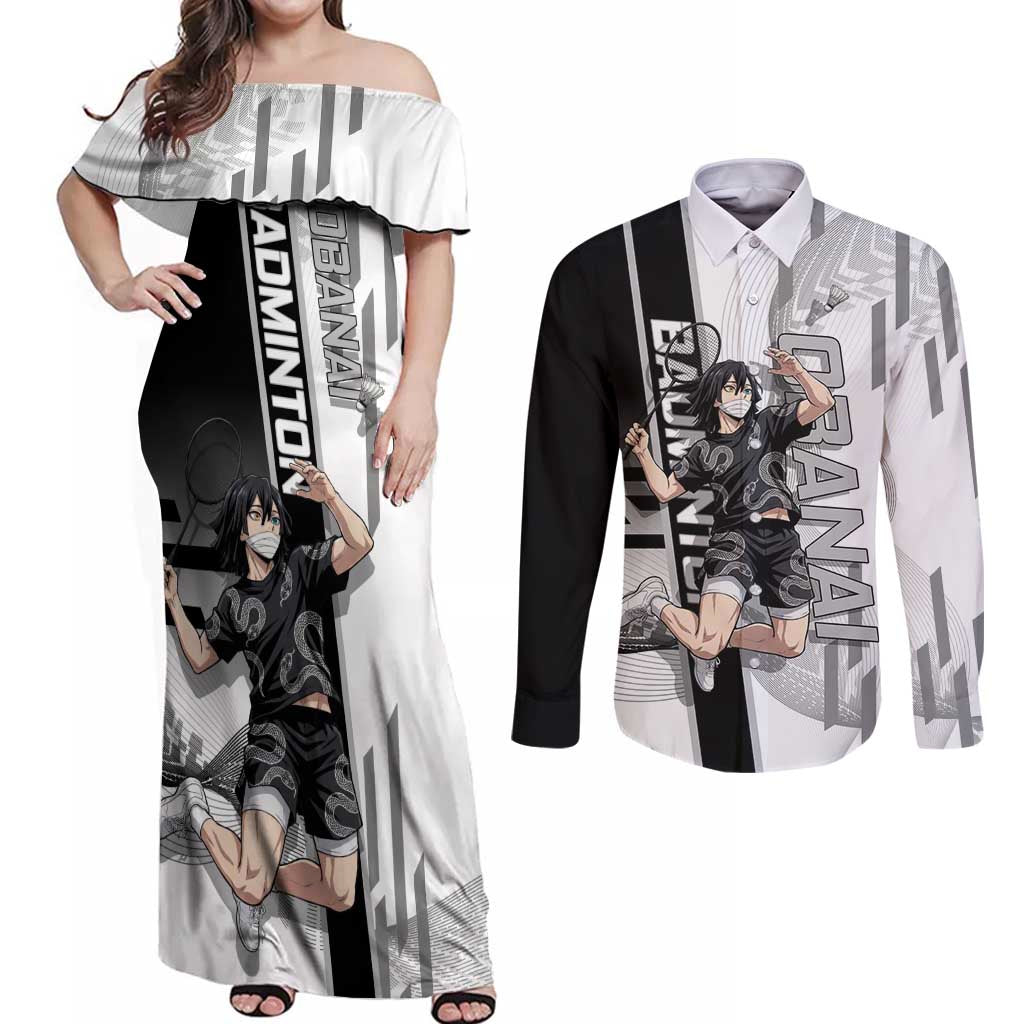 Personalized Obanai Iguro Demon Slayer Badminton Couples Matching Off Shoulder Maxi Dress and Long Sleeve Button Shirt with Racket Action Pose and Black White Graphic Design - The Mazicc
