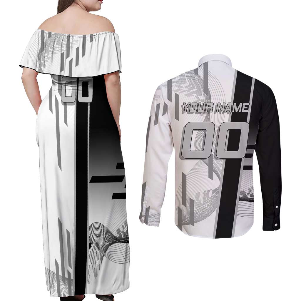 Personalized Obanai Iguro Demon Slayer Badminton Couples Matching Off Shoulder Maxi Dress and Long Sleeve Button Shirt with Racket Action Pose and Black White Graphic Design - The Mazicc
