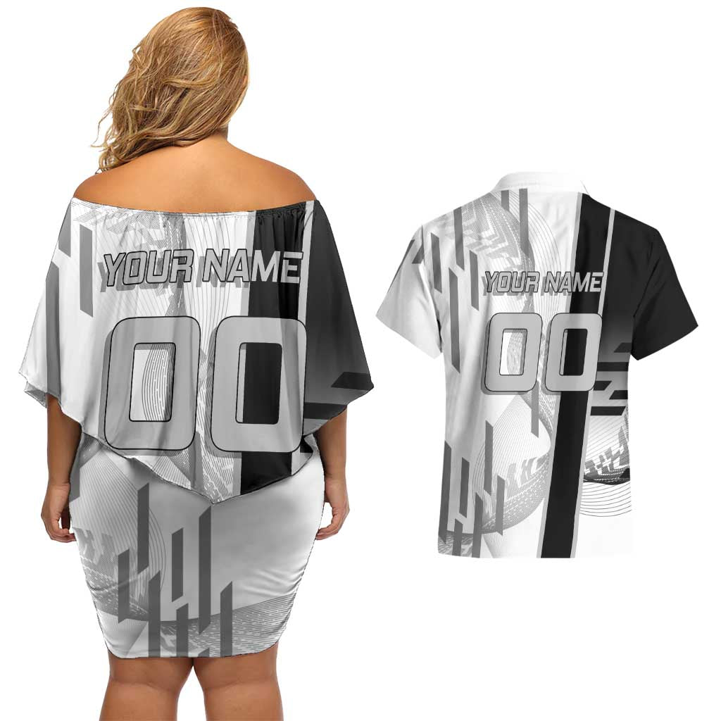 Personalized Obanai Iguro Demon Slayer Badminton Couples Matching Off Shoulder Short Dress and Hawaiian Shirt with Racket Action Pose and Black White Graphic Design - The Mazicc