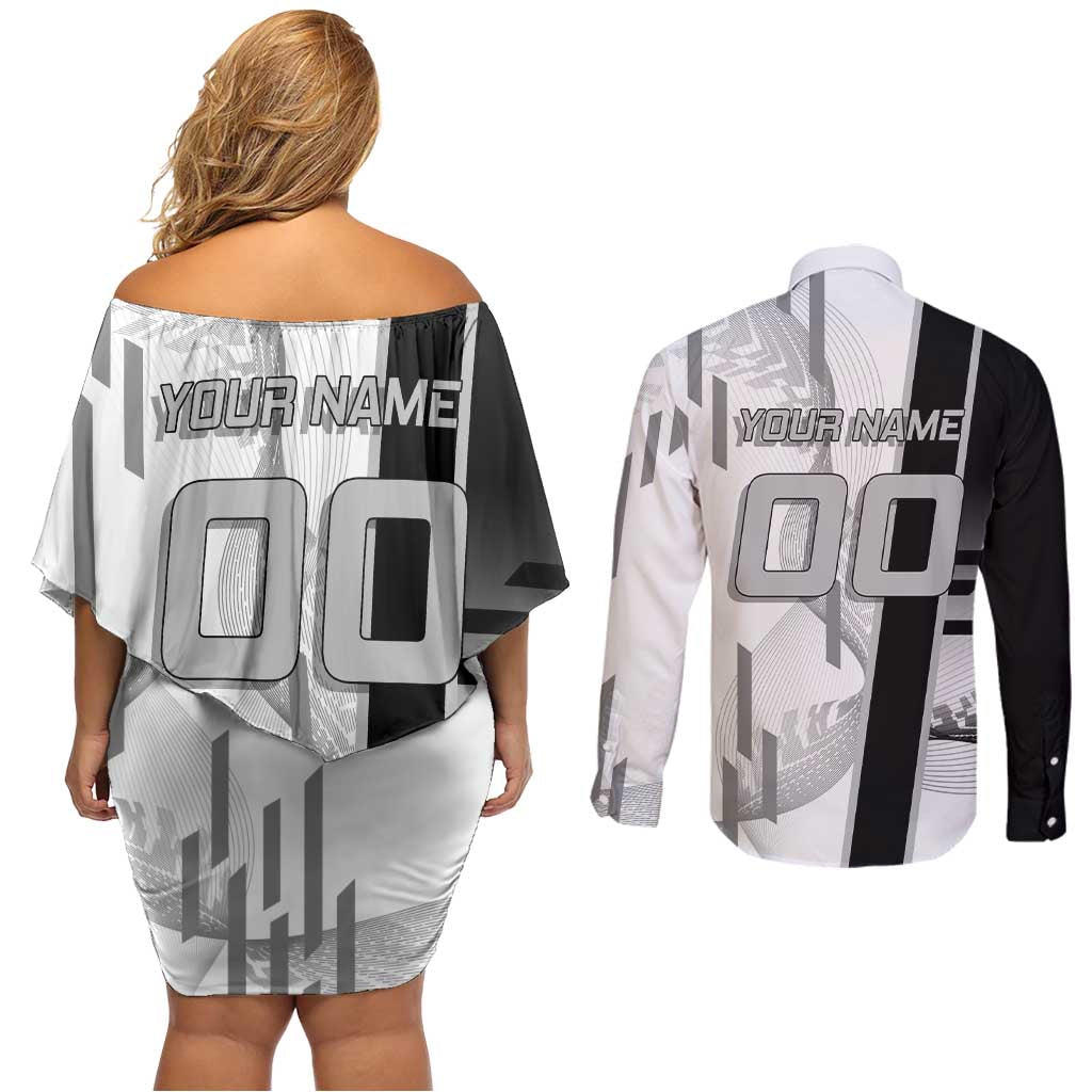 Personalized Obanai Iguro Demon Slayer Badminton Couples Matching Off Shoulder Short Dress and Long Sleeve Button Shirt with Racket Action Pose and Black White Graphic Design - The Mazicc