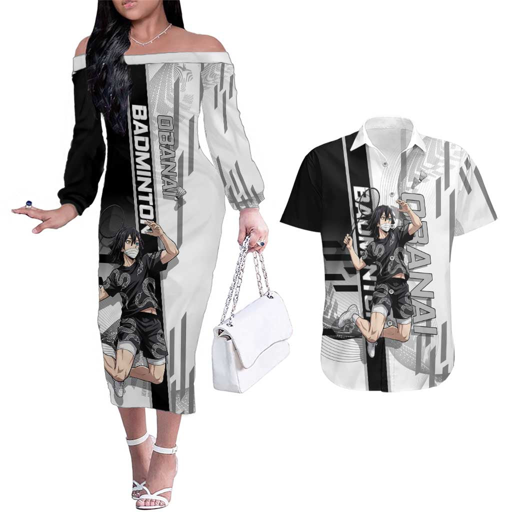 Personalized Obanai Iguro Demon Slayer Badminton Couples Matching Off The Shoulder Long Sleeve Dress and Hawaiian Shirt with Racket Action Pose and Black White Graphic Design - The Mazicc