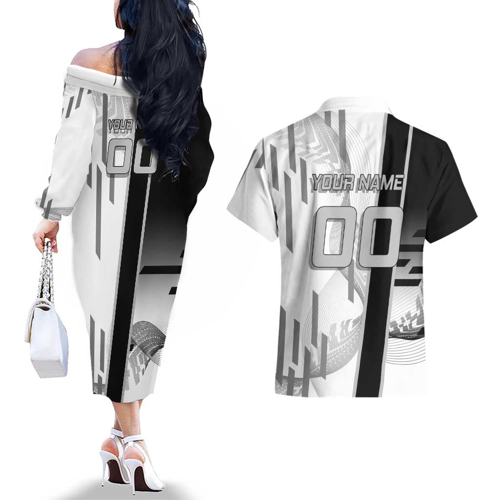 Personalized Obanai Iguro Demon Slayer Badminton Couples Matching Off The Shoulder Long Sleeve Dress and Hawaiian Shirt with Racket Action Pose and Black White Graphic Design - The Mazicc