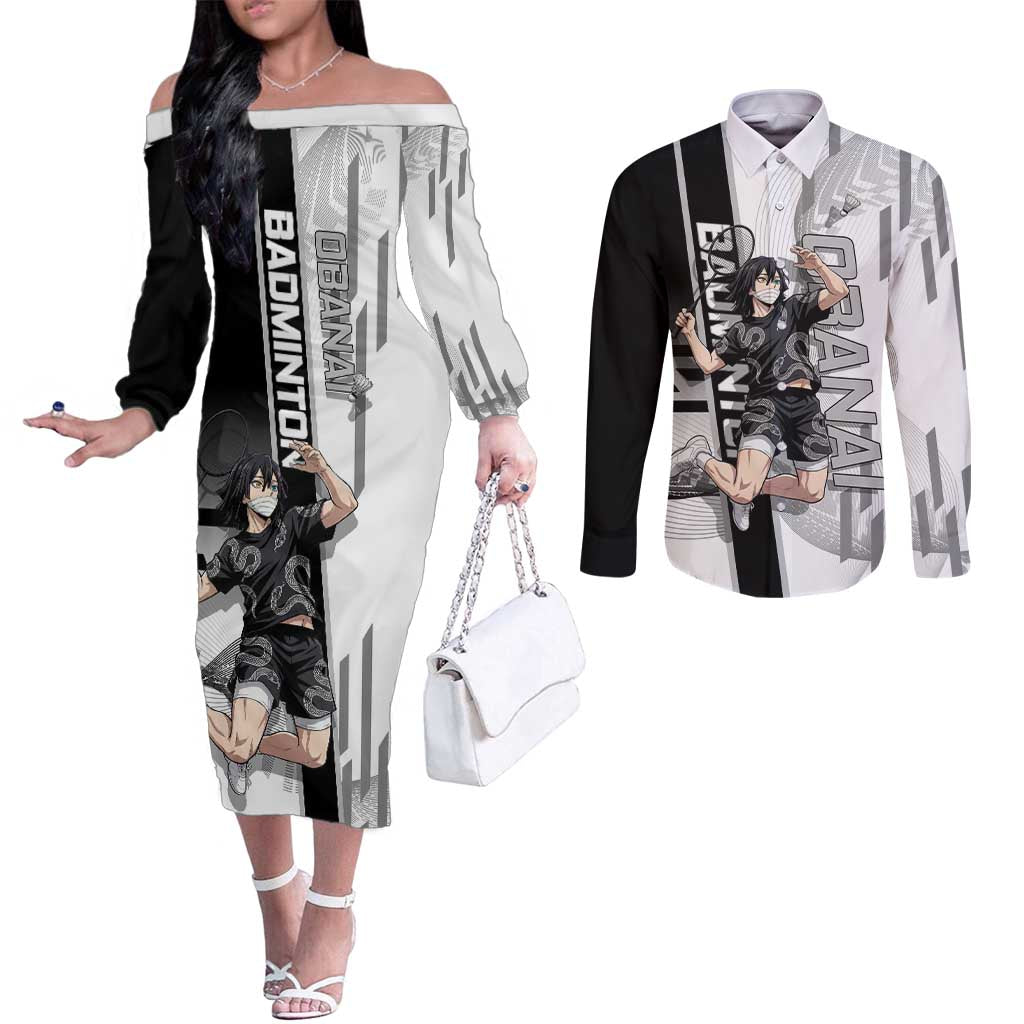 Personalized Obanai Iguro Demon Slayer Badminton Couples Matching Off The Shoulder Long Sleeve Dress and Long Sleeve Button Shirt with Racket Action Pose and Black White Graphic Design - The Mazicc