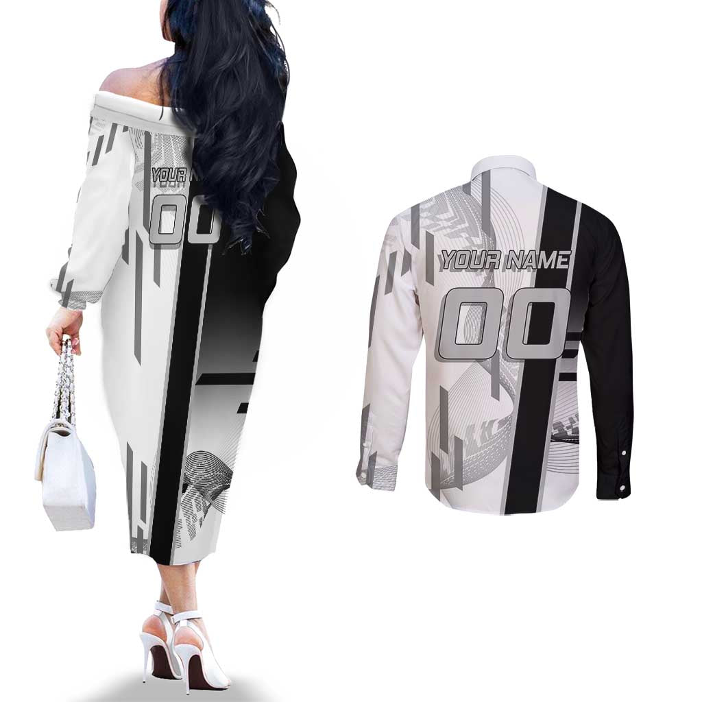 Personalized Obanai Iguro Demon Slayer Badminton Couples Matching Off The Shoulder Long Sleeve Dress and Long Sleeve Button Shirt with Racket Action Pose and Black White Graphic Design - The Mazicc