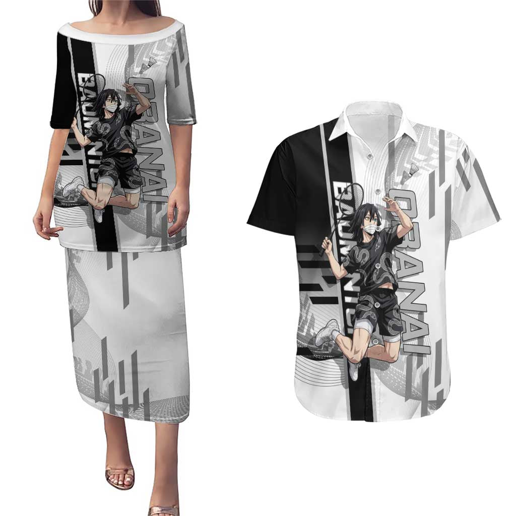 Personalized Obanai Iguro Demon Slayer Badminton Couples Matching Puletasi and Hawaiian Shirt with Racket Action Pose and Black White Graphic Design - The Mazicc