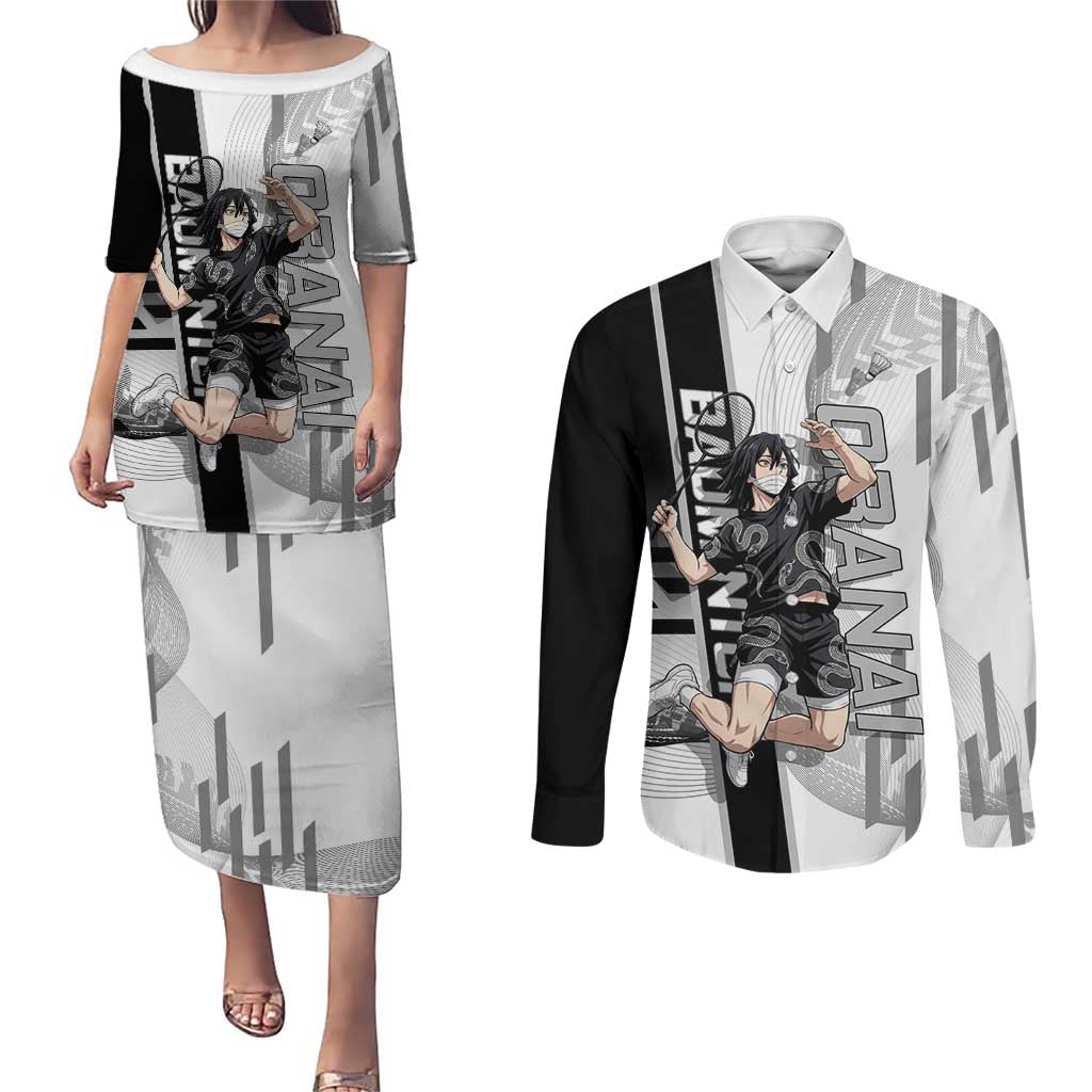 Personalized Obanai Iguro Demon Slayer Badminton Couples Matching Puletasi and Long Sleeve Button Shirt with Racket Action Pose and Black White Graphic Design - The Mazicc